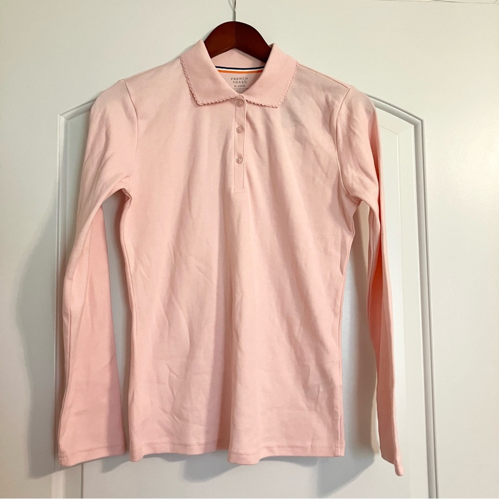 French Toast‎ pink long sleeve polo shirt scalloped collar & buttons. Size 14/16